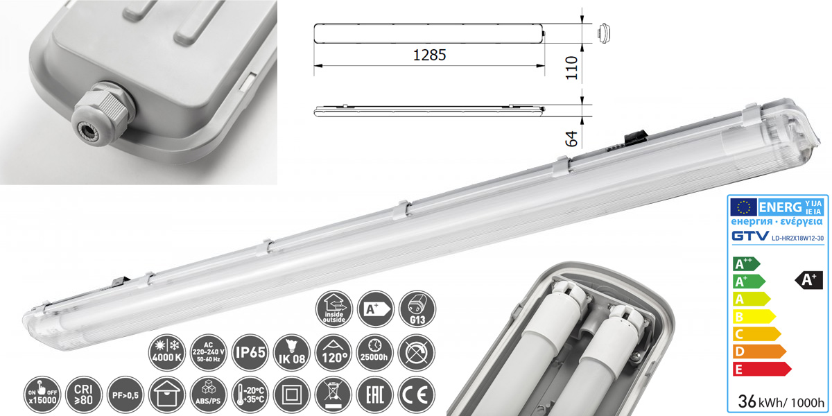 LED svítidlo 2x18W, 2x1800lm,IP65,4000K